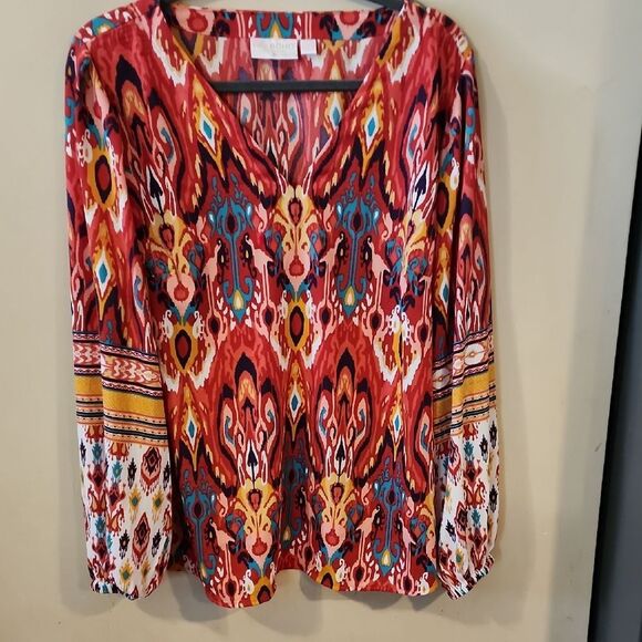 Umgee Red and Orange Relaxed Graphic Blouse - Picture 1 of 4